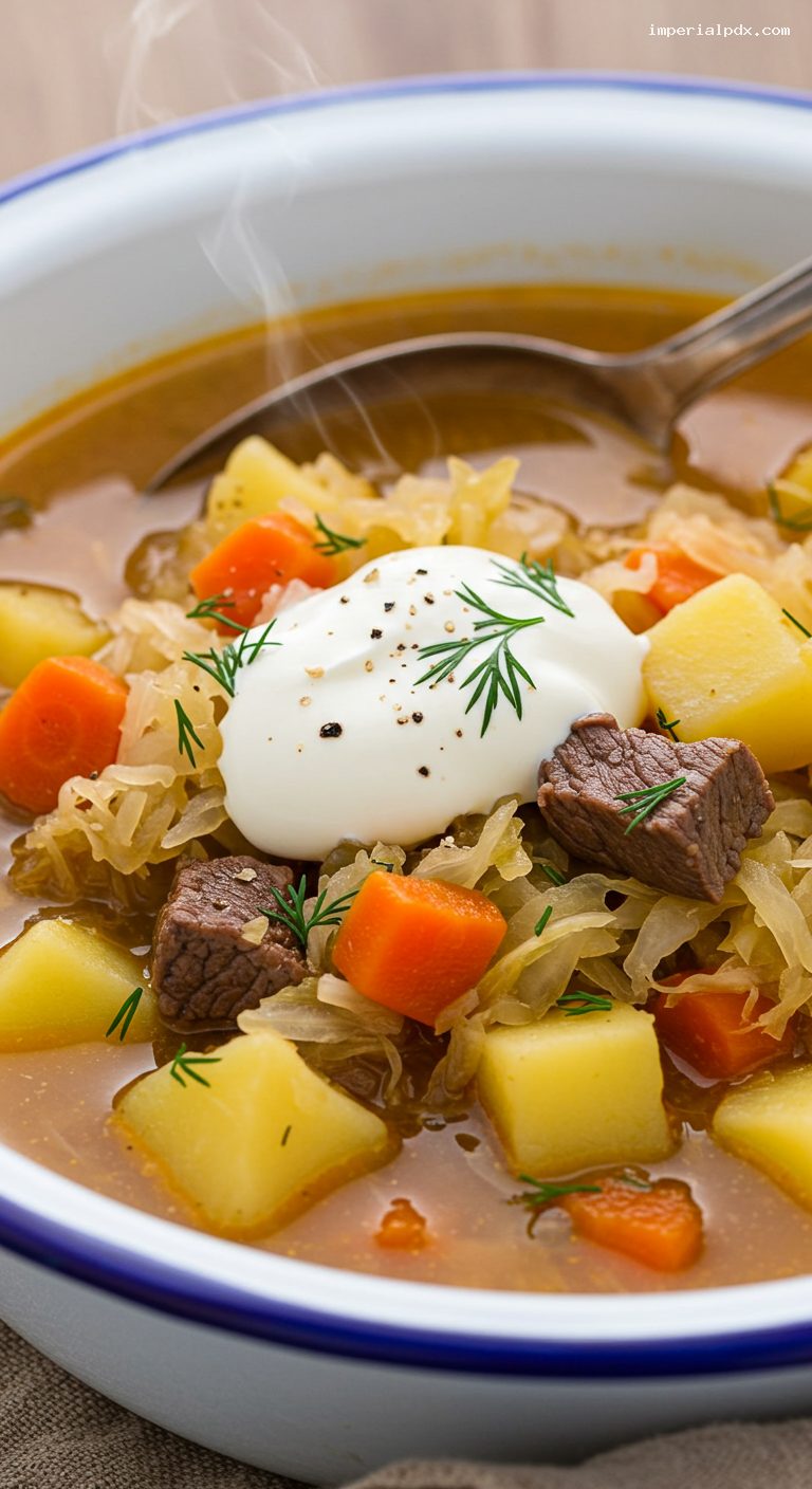 Hearty Russian Shchi Cabbage Soup with Beef and Dill – Closeup