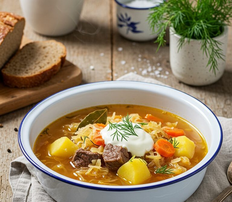Hearty Russian Shchi Cabbage Soup with Beef and Dill