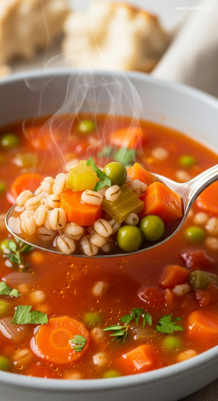 Hearty Rustic Barley Vegetable Soup – Closeup