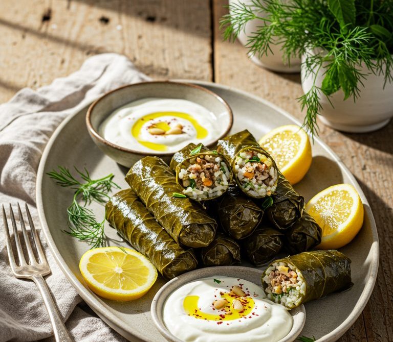 Herbed Rice Dolmas with Pine Nuts and Yogurt