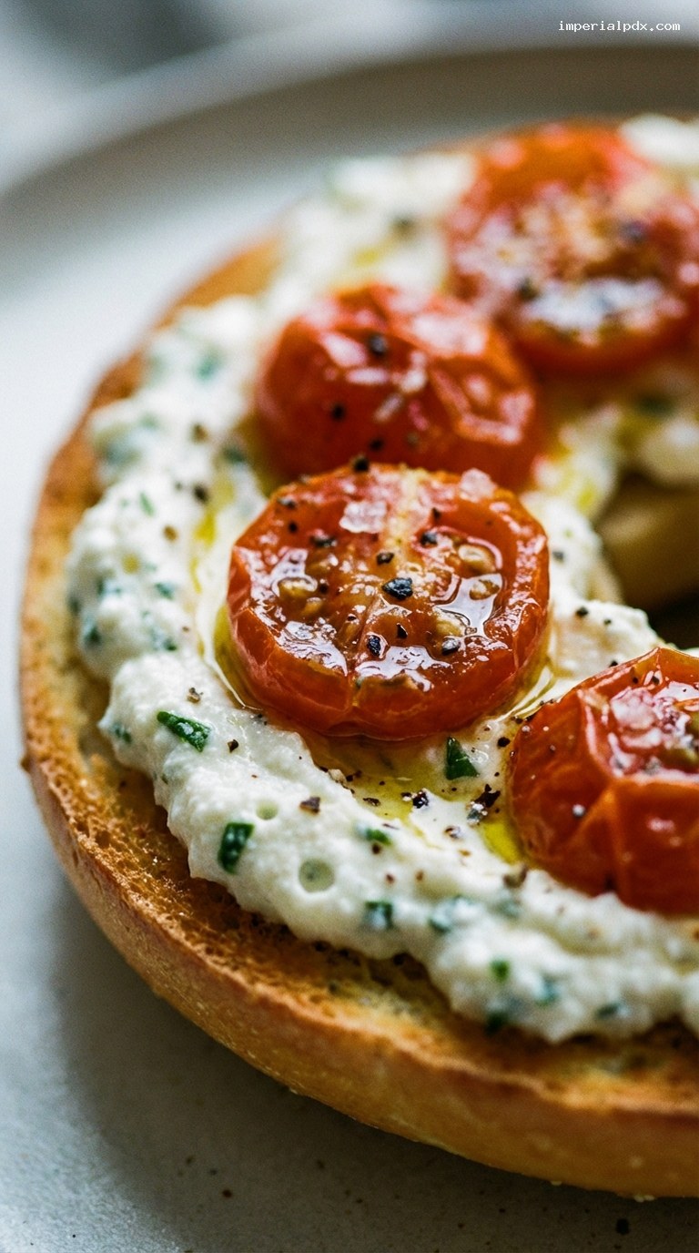 Herbed Ricotta Bagel with Slow-Roasted Cherry Tomatoes – Closeup