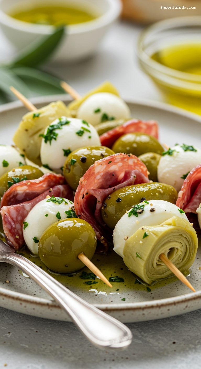 Herby Antipasto Skewers with Marinated Mozzarella – Closeup