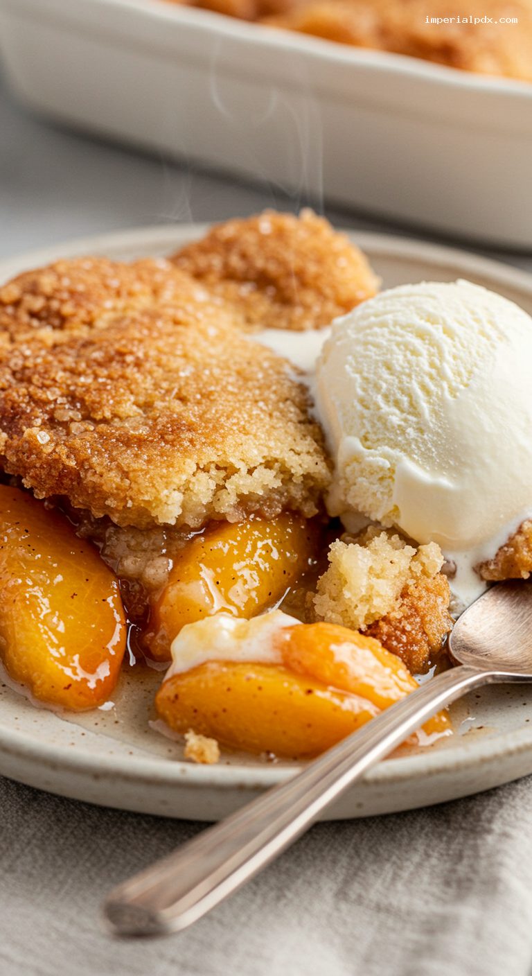 Hill Country Peach Cobbler with Buttery Vanilla Batter – Closeup