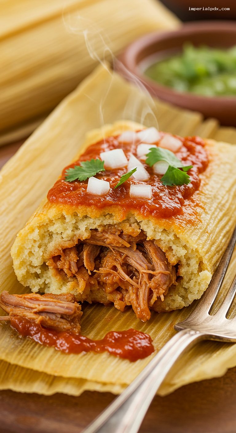 Holiday Pork Tamales with Red or Tomatillo Sauce – Closeup