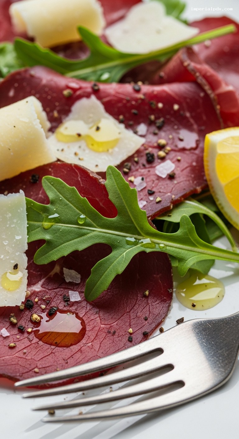 Homemade Bresaola with Arugula, Parmesan, and Lemon – Closeup
