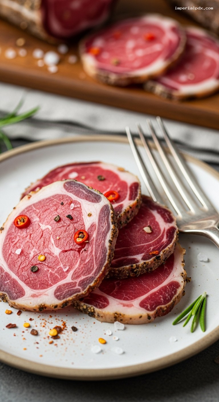 Homemade Lamb Lonzino With Garlic, Rosemary, and Chili – Closeup