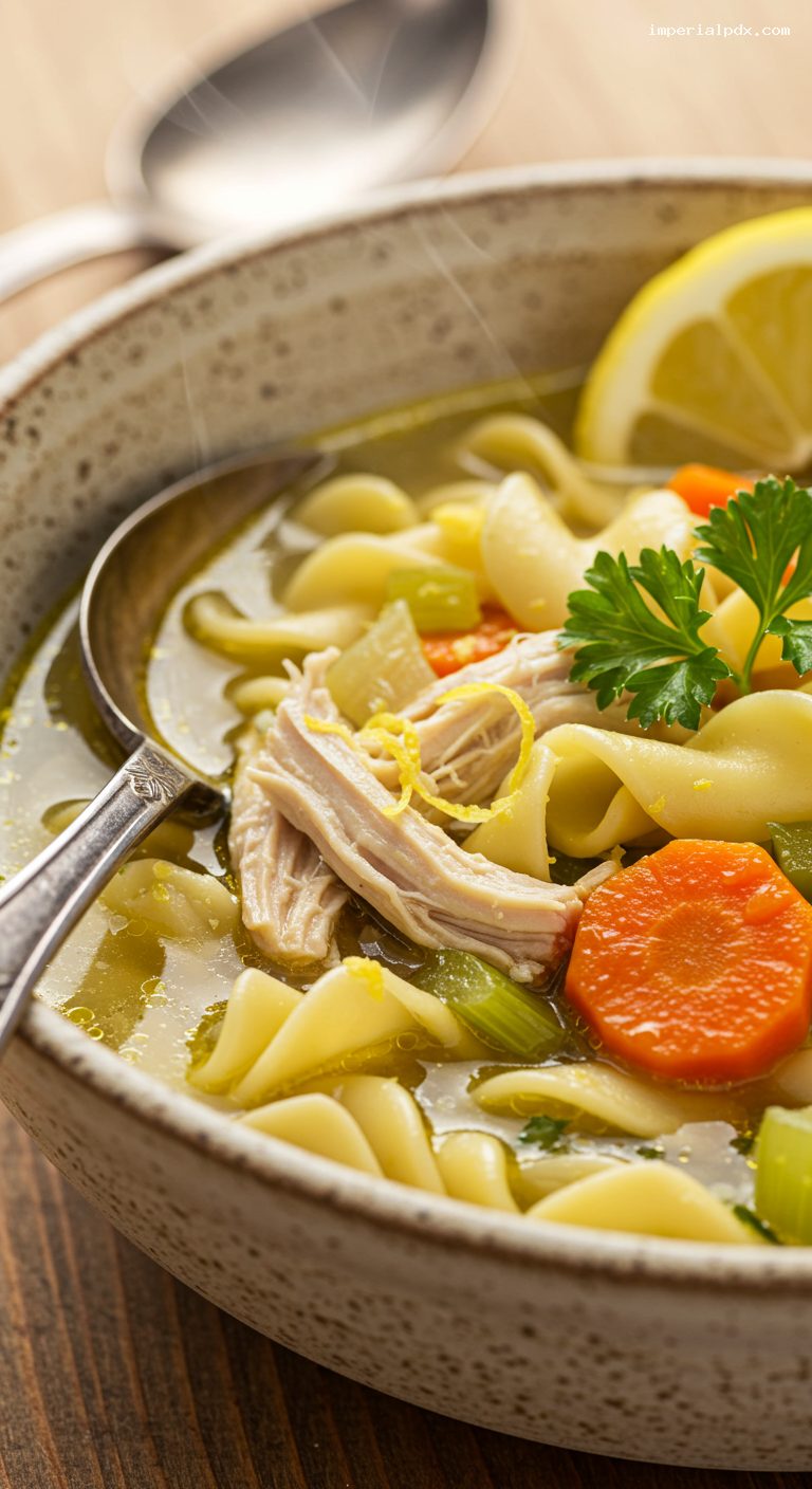 Homestyle Chicken Noodle Soup with Lemon and Herbs – Closeup