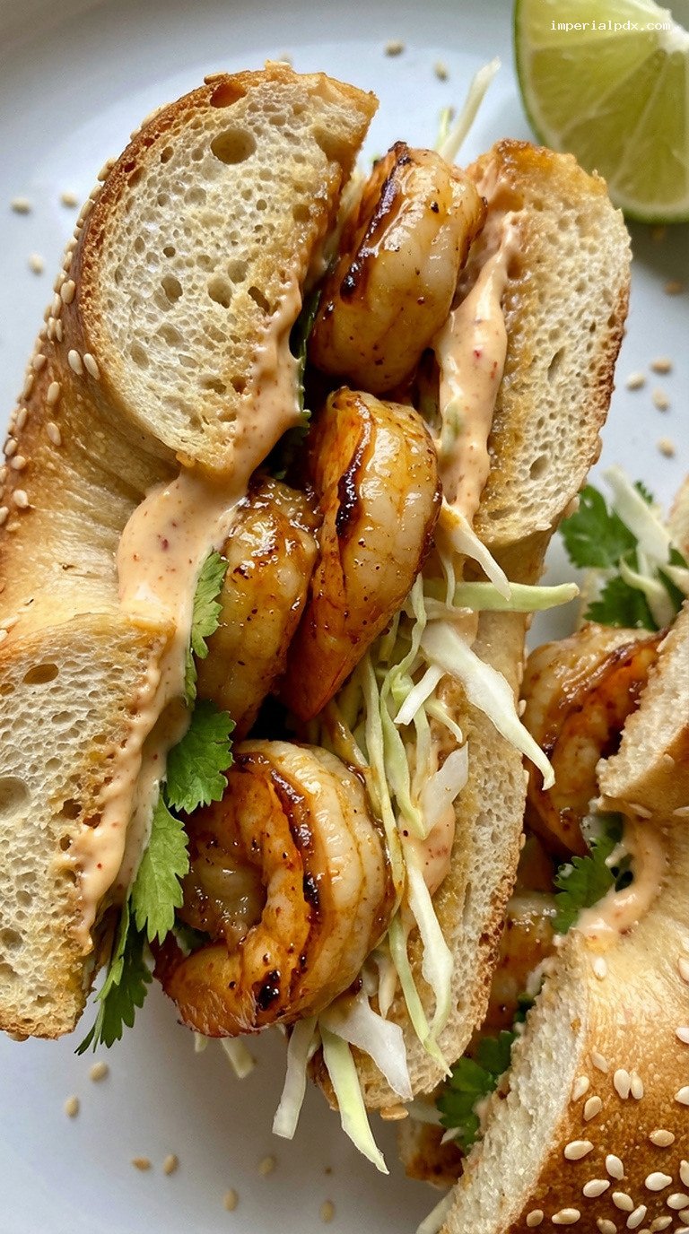 Honey-Lime Shrimp Bagel with Chili Mayo Slaw – Closeup