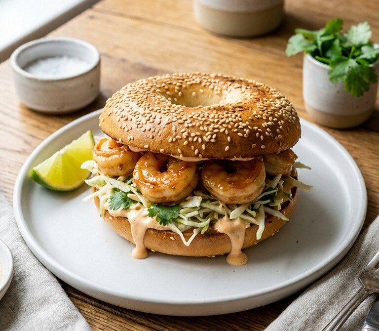 Honey-Lime Shrimp Bagel with Chili Mayo Slaw
