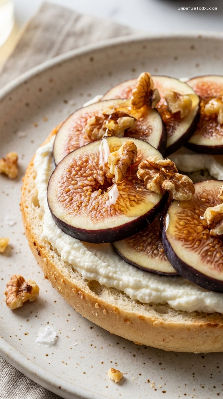 Honey Ricotta Fig and Walnut Bagel – Closeup