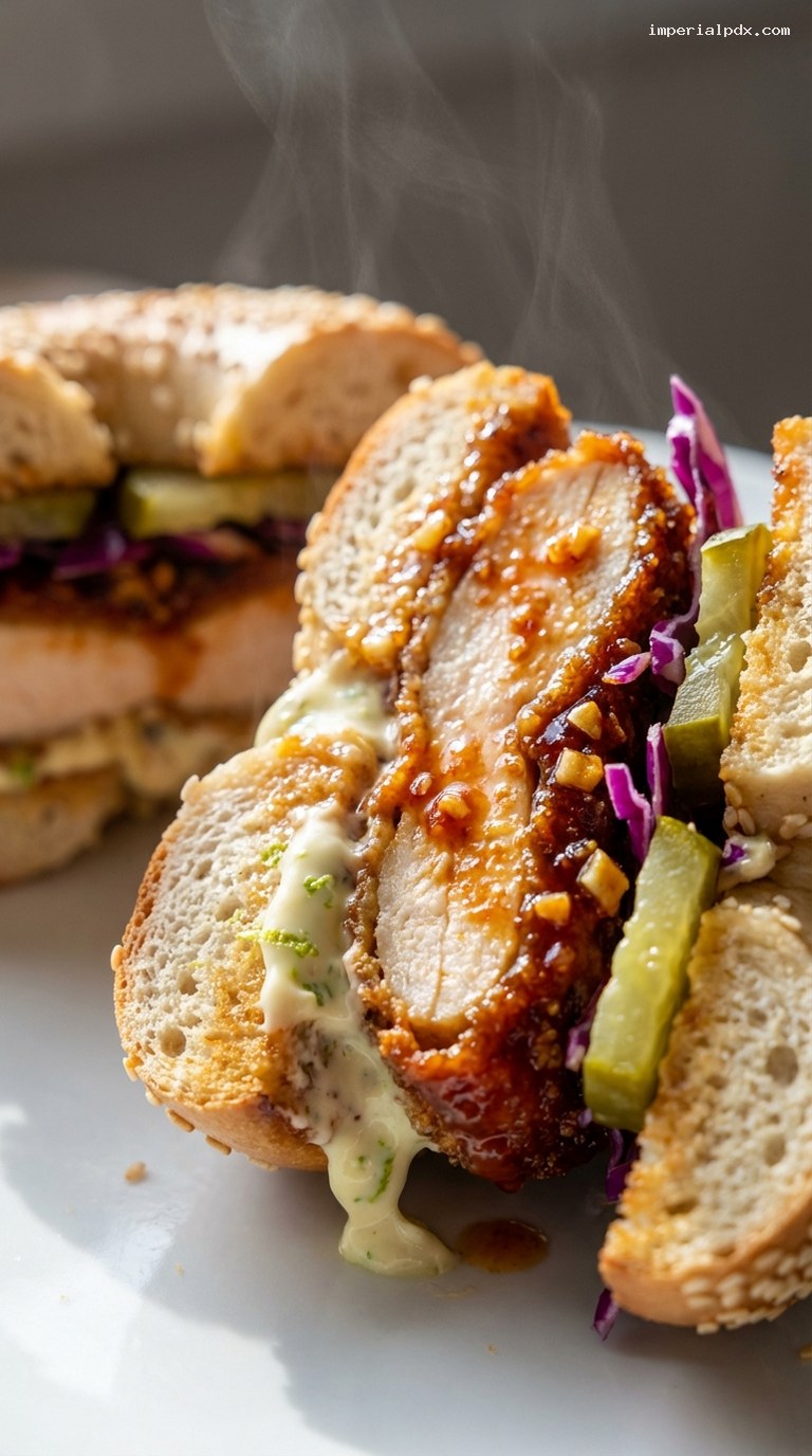 Honey Sriracha Chicken Bagel Sandwich with Lime Mayo – Closeup