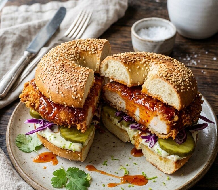 Honey Sriracha Chicken Bagel Sandwich with Lime Mayo