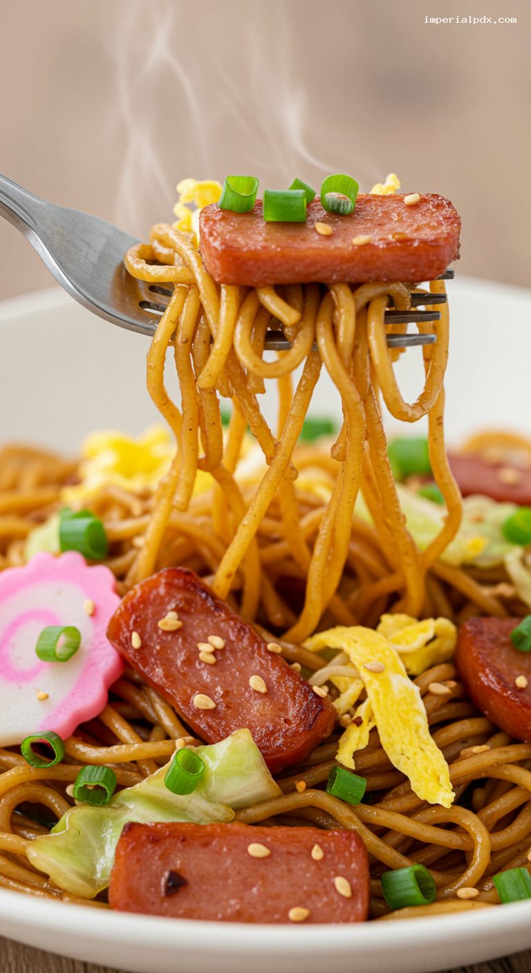 Island-Style Fried Saimin with Spam and Kamaboko – Closeup