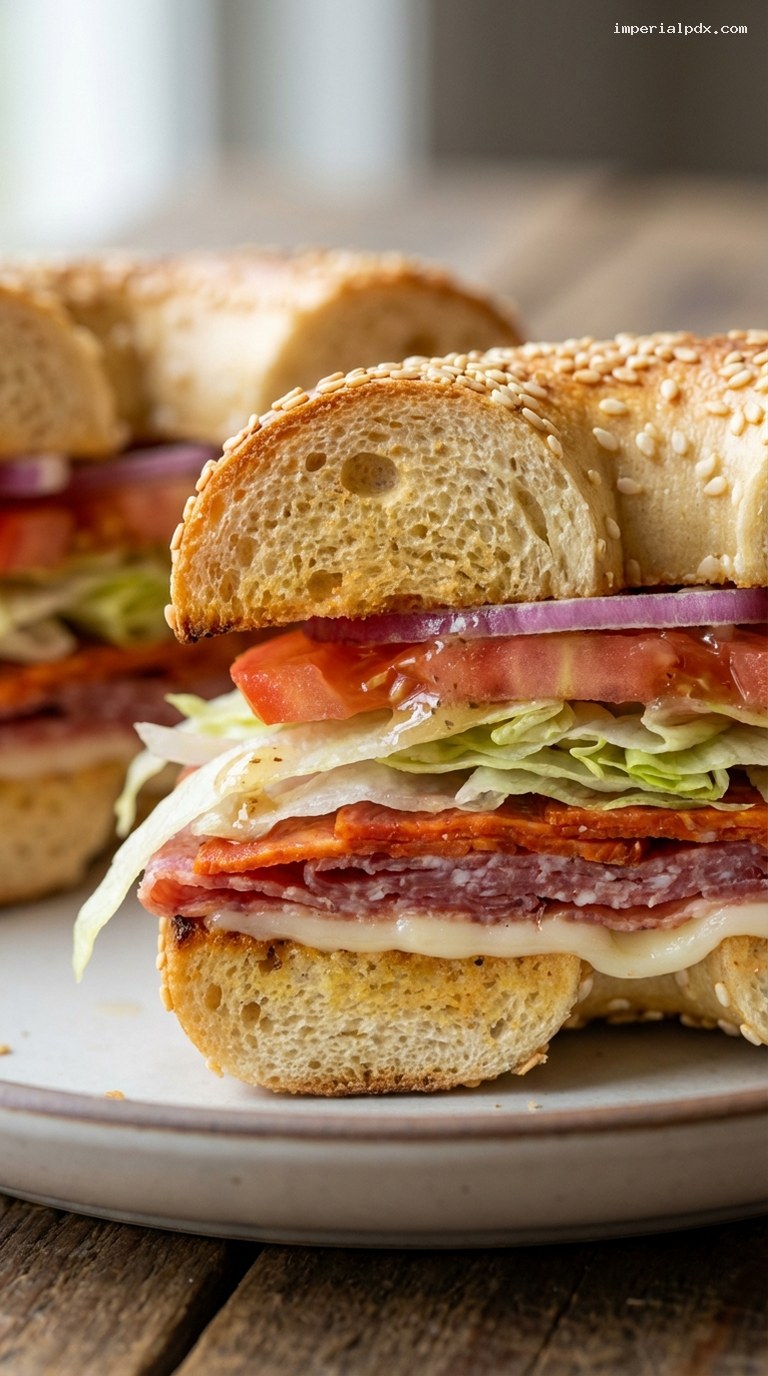 Italian Deli Bagel Sandwich with Salami and Provolone – Closeup