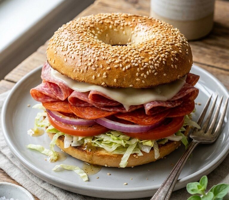 Italian Deli Bagel Sandwich with Salami and Provolone