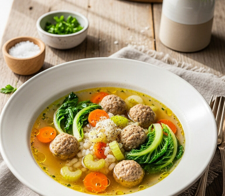 Italian Wedding Soup with Tiny Meatballs and Escarole