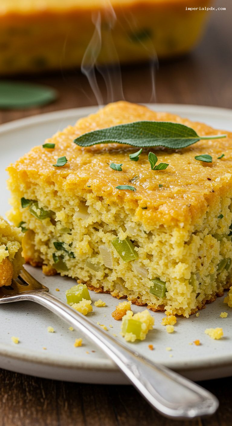 Jalapeño-Sage Cornbread Dressing with Turkey Drippings – Closeup