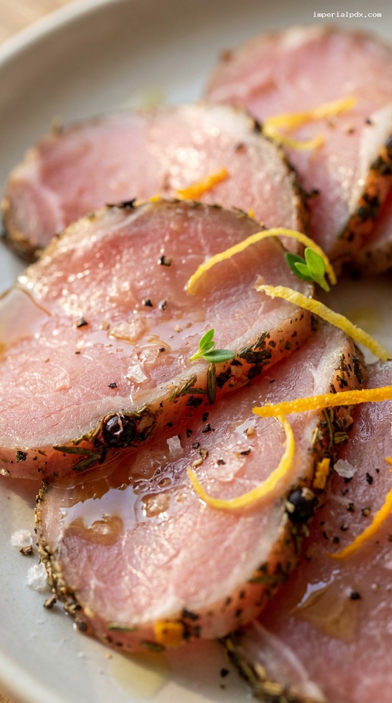 Juniper-Cured Rabbit Loin Medallions with Citrus and Thyme – Closeup