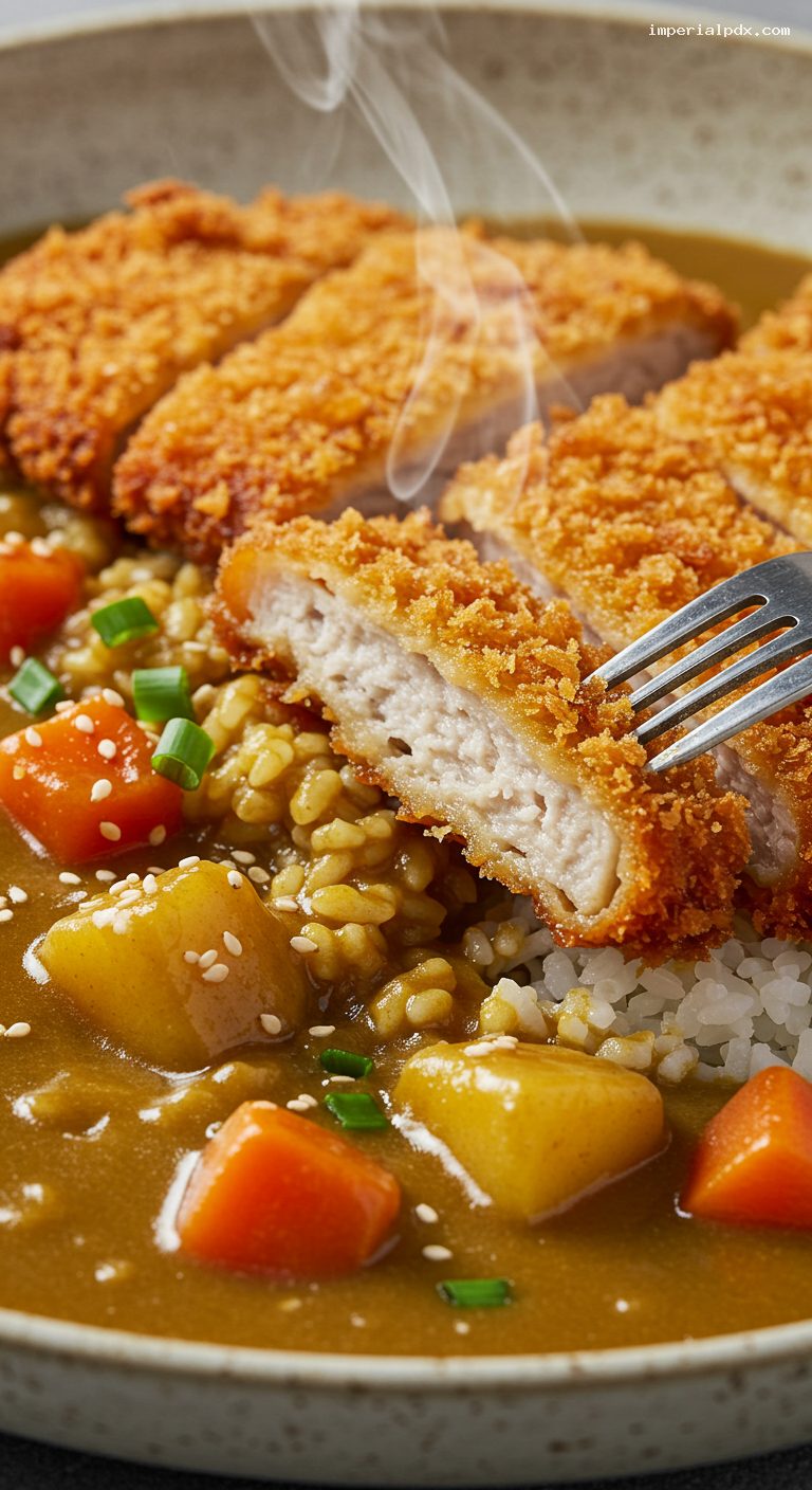 Katsu Curry Rice with Crispy Cutlet and Vegetables – Closeup