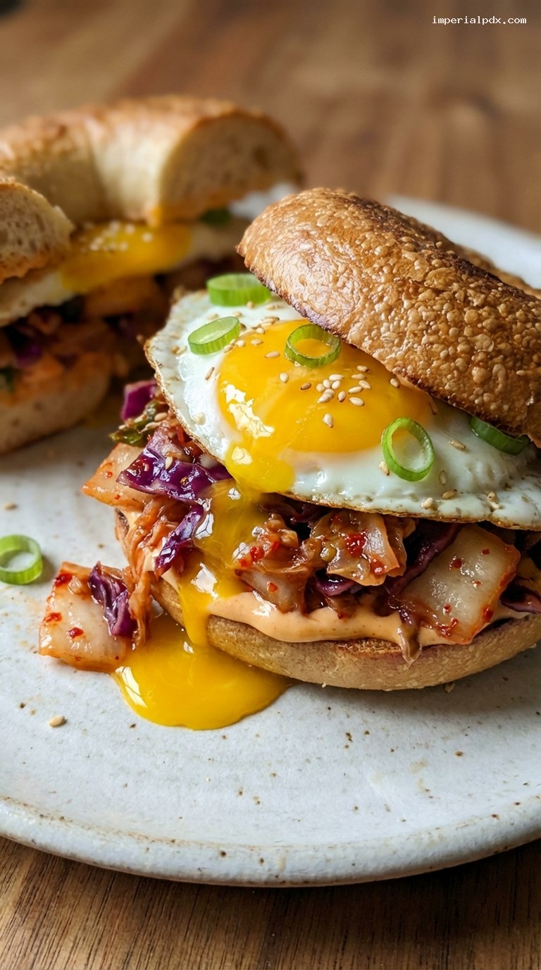 Kimchi Egg Bagel with Gochujang Mayo – Closeup