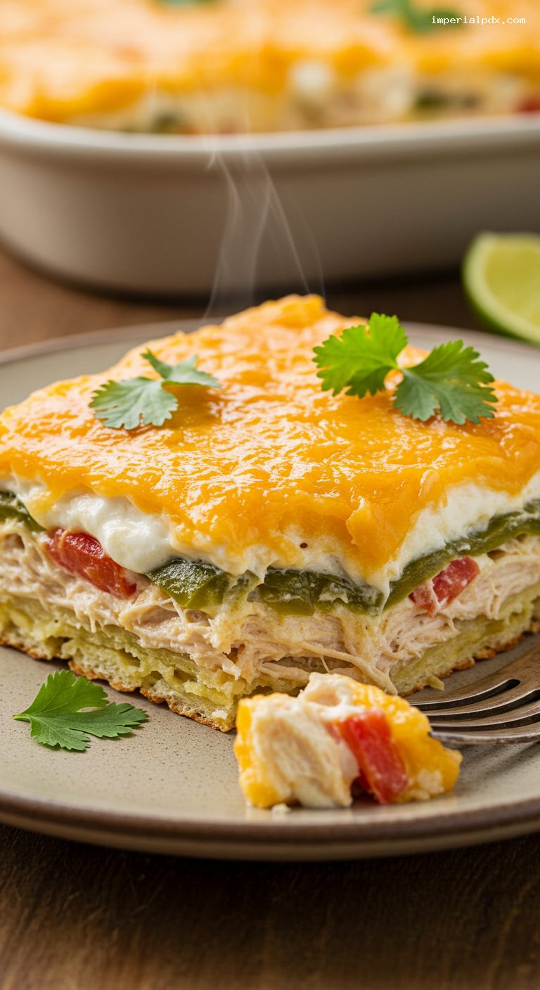 King Ranch Chicken Casserole with Poblanos and Cheddar – Closeup