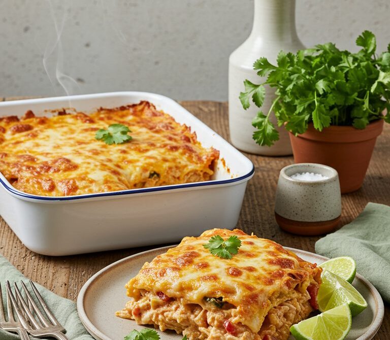 King Ranch Chicken Casserole with Poblanos and Cheddar