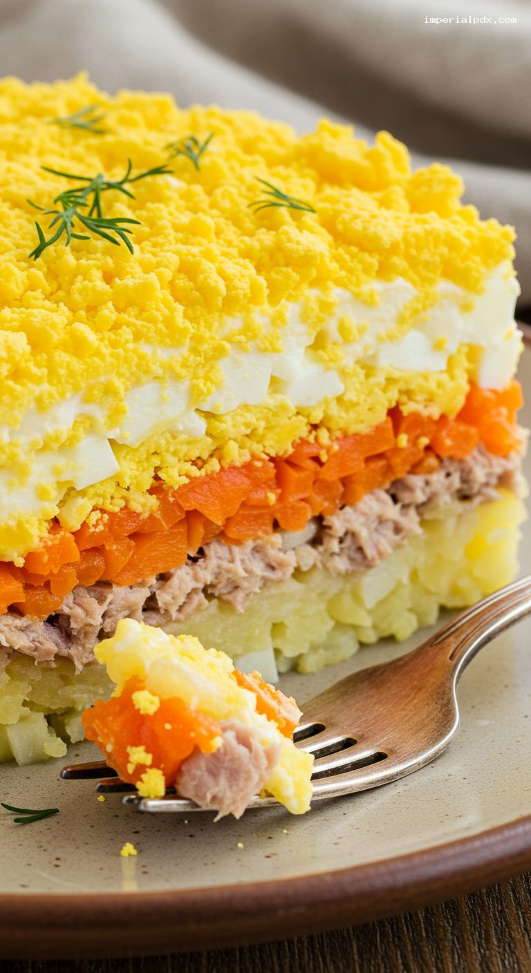 Layered Mimoza Salad with Canned Fish and Eggs – Closeup
