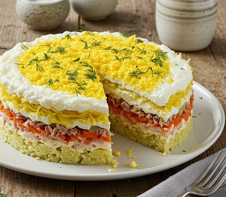 Layered Mimoza Salad with Canned Fish and Eggs