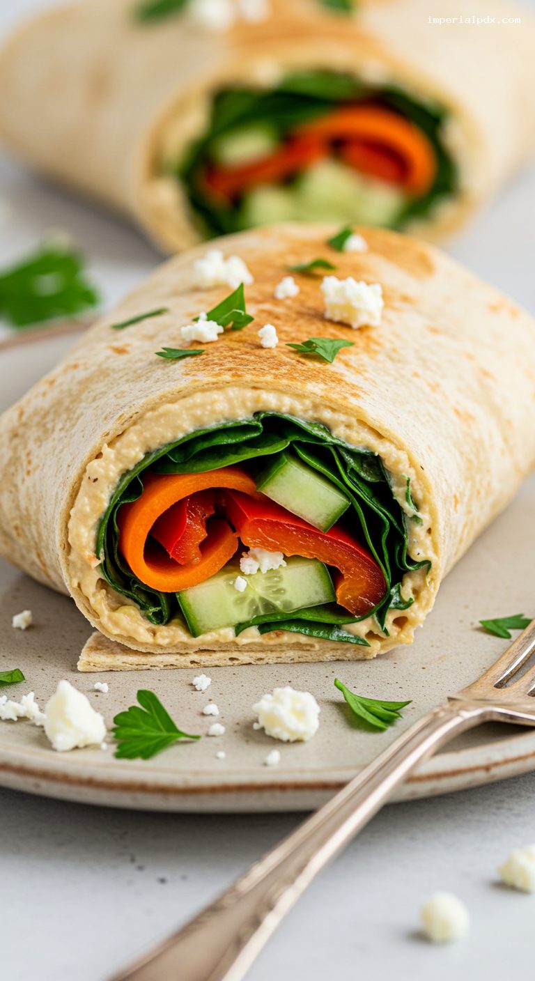 Lemon-Herb Veggie Hummus Wrap with Feta – Closeup