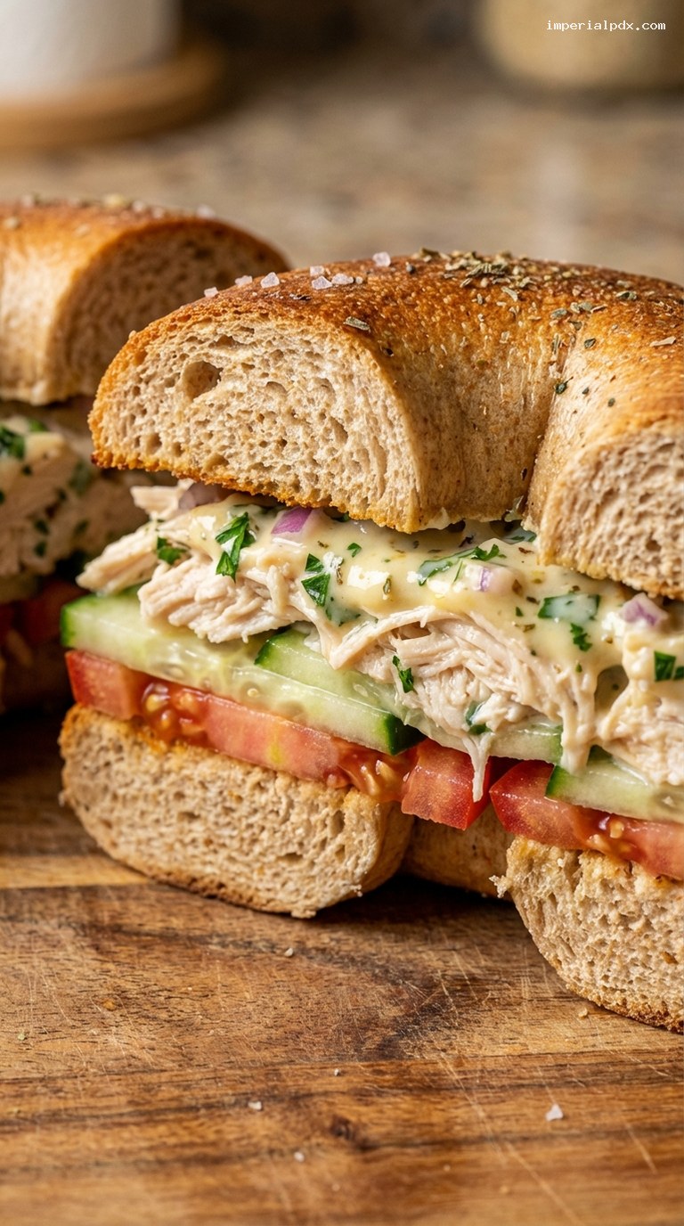 Lemon-Oregano Greek Yogurt Chicken Salad Bagel Sandwich – Closeup