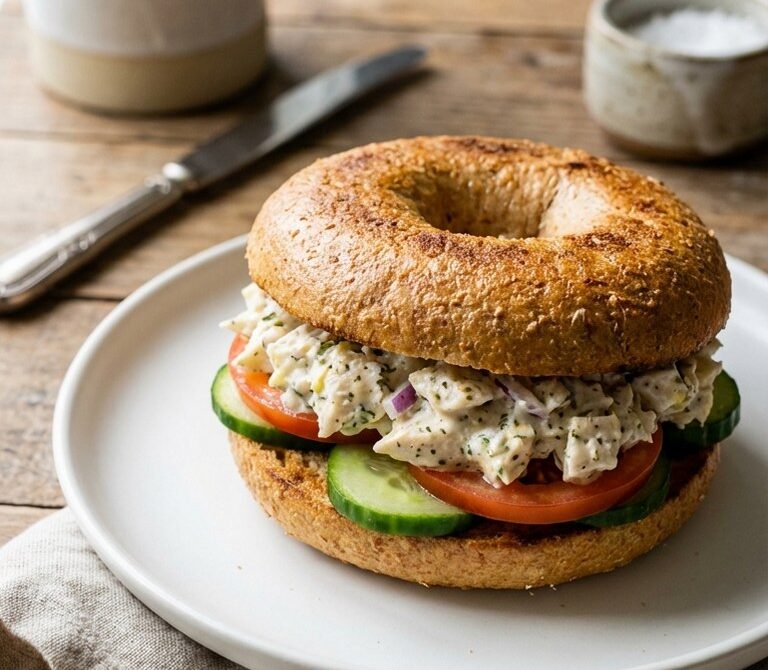 Lemon-Oregano Greek Yogurt Chicken Salad Bagel Sandwich