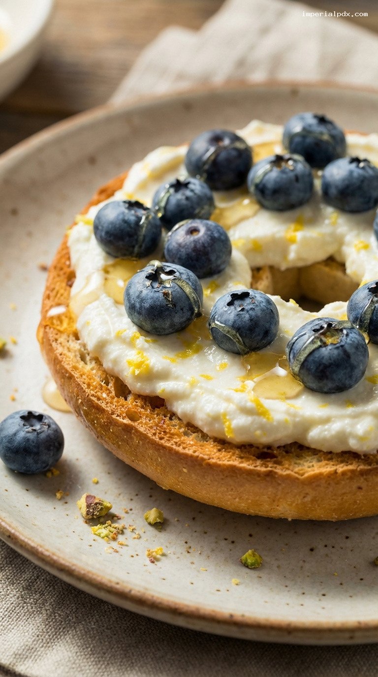 Lemon Ricotta Blueberry Bagel with Honey Drizzle – Closeup