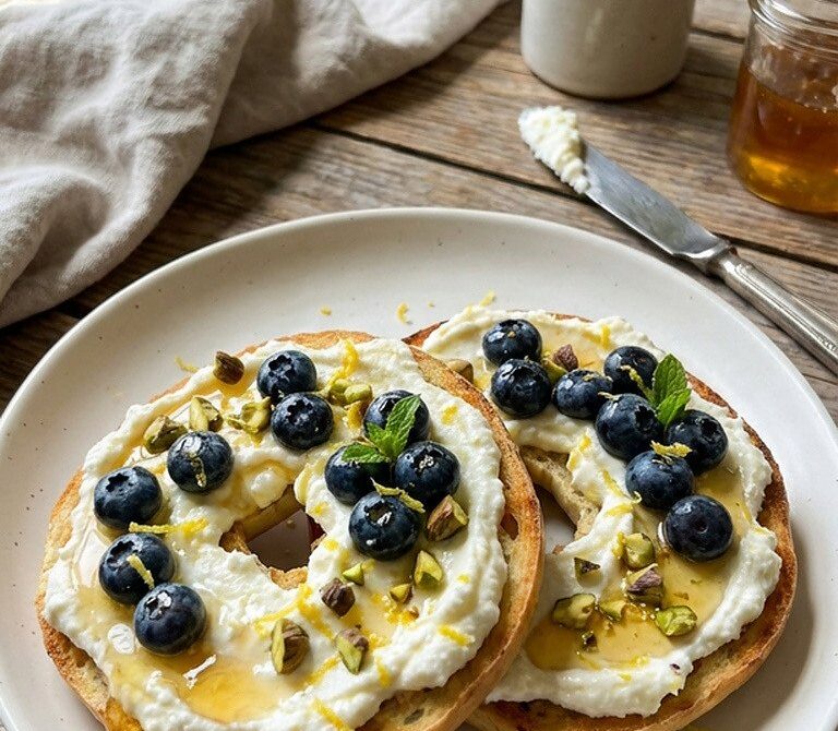 Lemon Ricotta Blueberry Bagel with Honey Drizzle