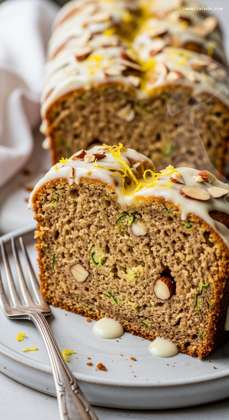 Lemon Zucchini Loaf with Almonds and Cream Cheese Drizzle – Closeup