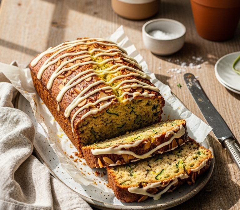 Lemon Zucchini Loaf with Almonds and Cream Cheese Drizzle