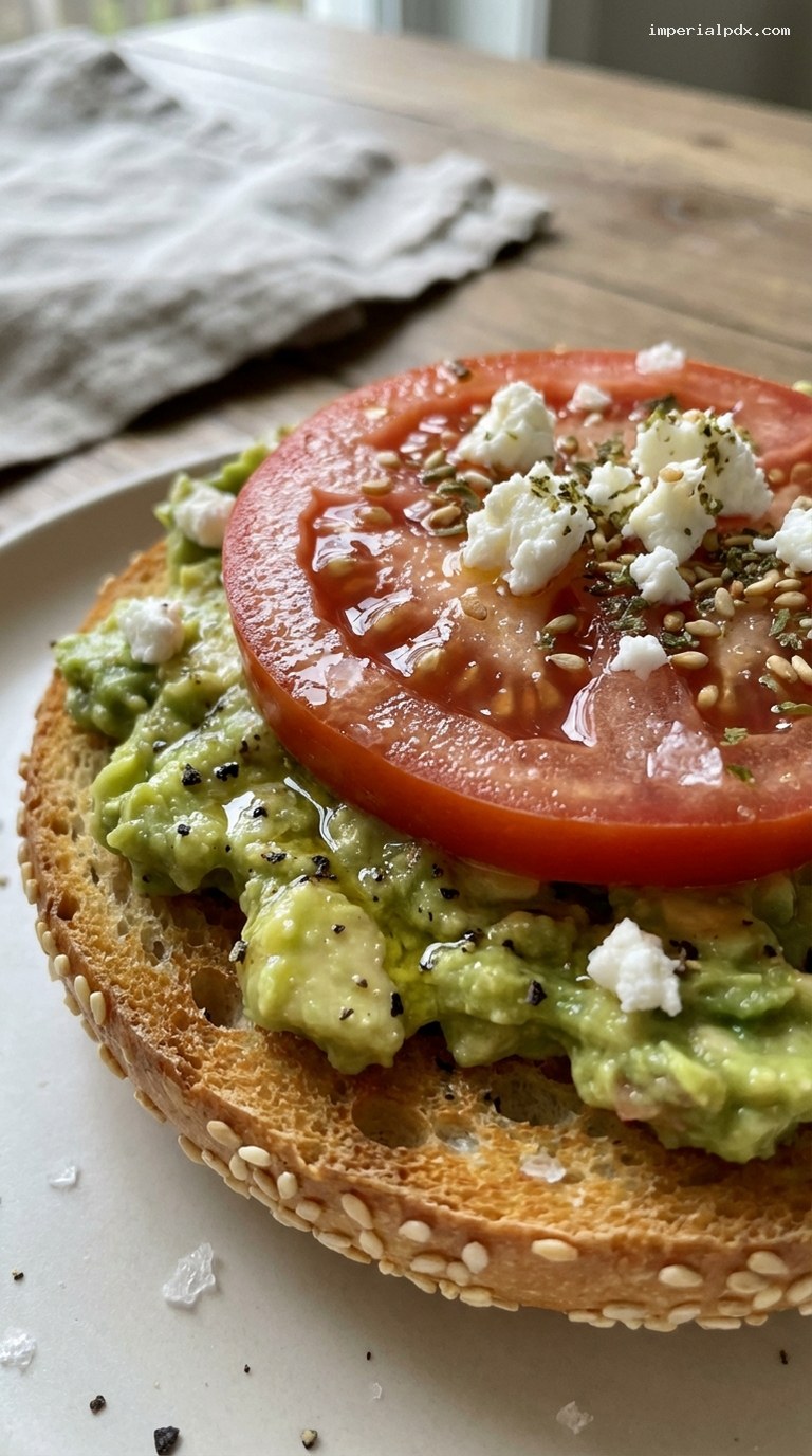Lemony Avocado Smash and Tomato Bagel with Feta or Za’atar – Closeup