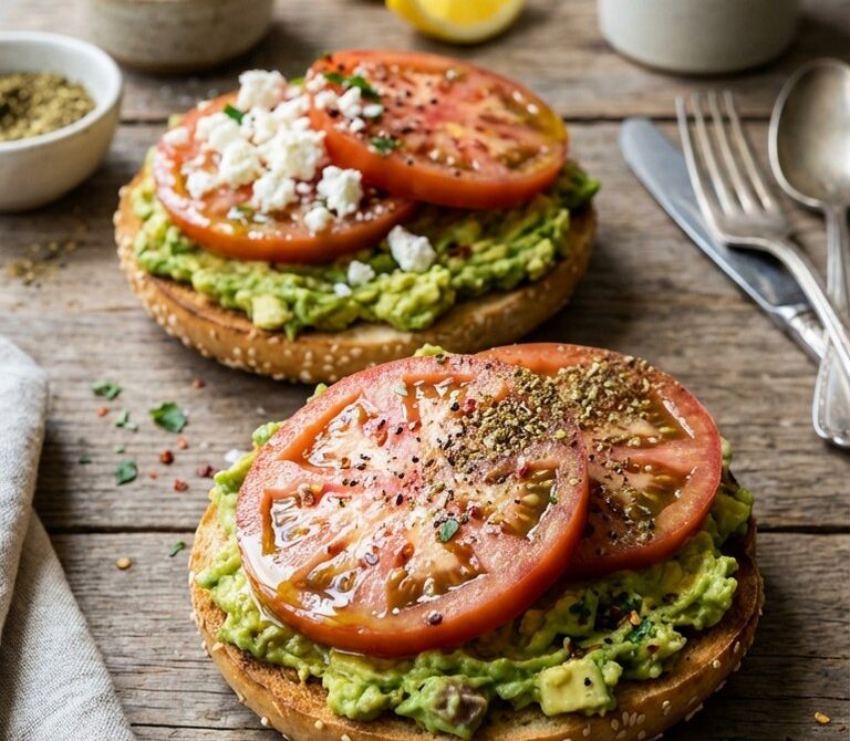 Lemony Avocado Smash and Tomato Bagel with Feta or Za’atar