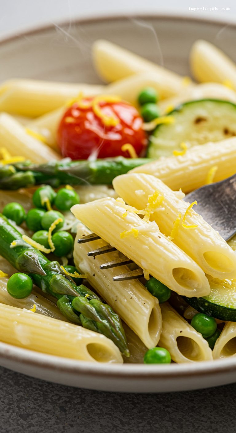 Lemony Parmesan Pasta Primavera with Spring Veggies – Closeup
