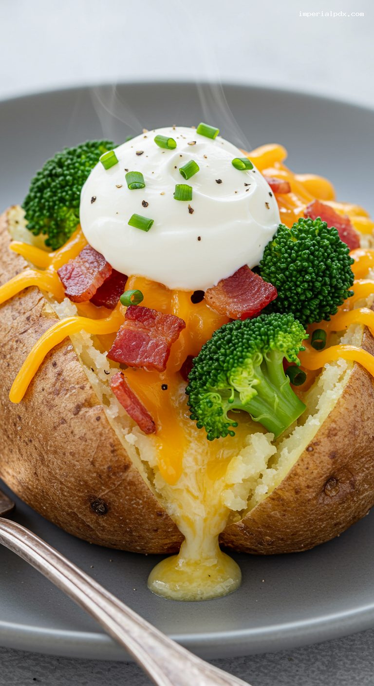 Loaded Baked Potatoes with Broccoli and Bacon – Closeup