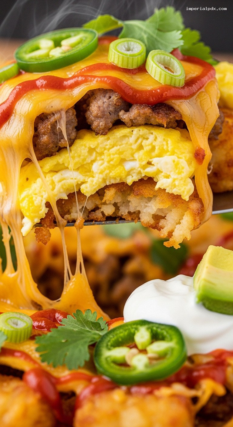 Loaded Breakfast Tater Tot Nachos with Sausage and Eggs – Closeup