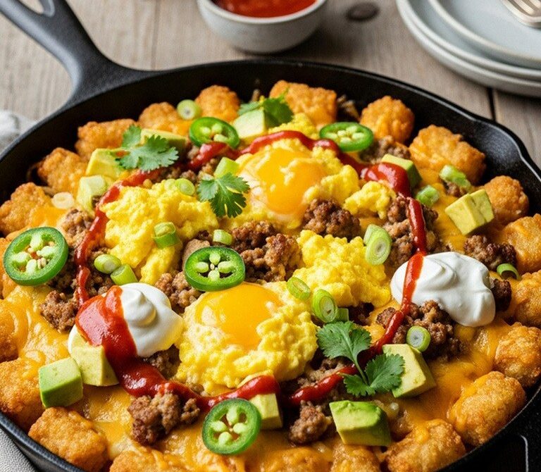 Loaded Breakfast Tater Tot Nachos with Sausage and Eggs