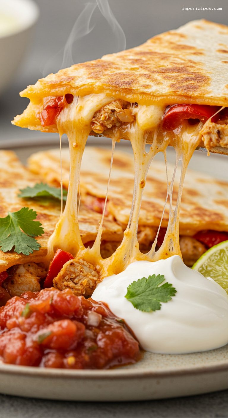 Loaded Chicken Quesadillas with Peppers and Onions – Closeup