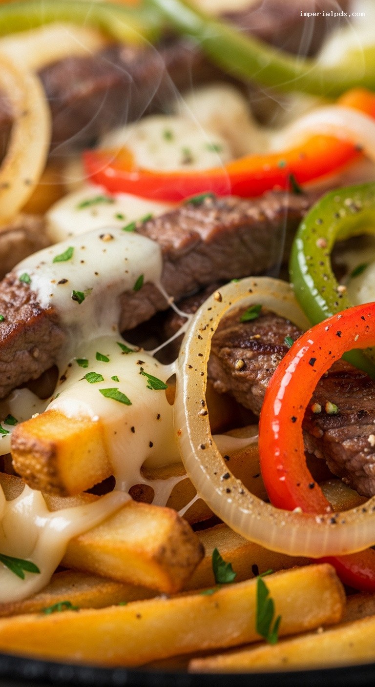 Loaded Philly Cheesesteak Fries with Peppers, Onions, Provolone – Closeup