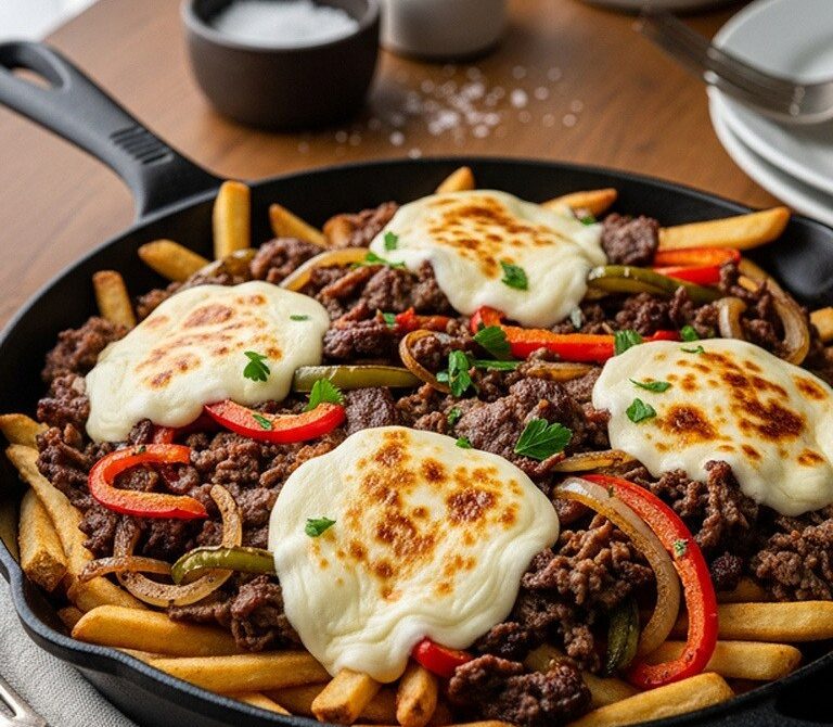Loaded Philly Cheesesteak Fries with Peppers, Onions, Provolone