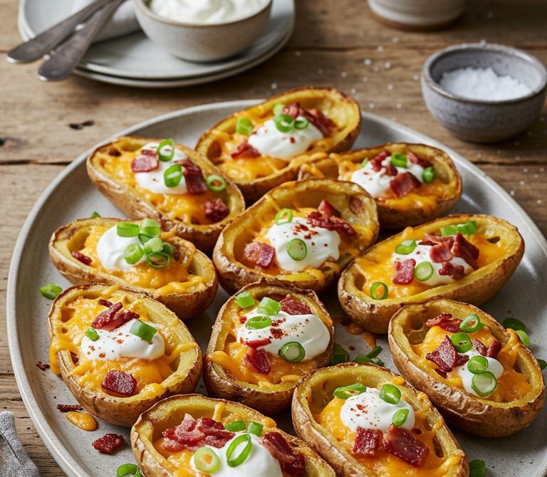 Loaded Potato Skins with Cheddar, Bacon, and Scallions