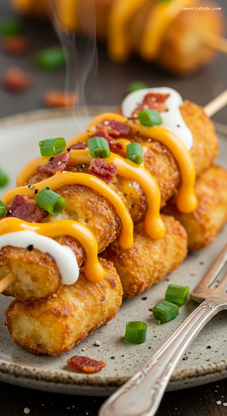 Loaded Tater Tot Skewers with Cheese and Bacon – Closeup