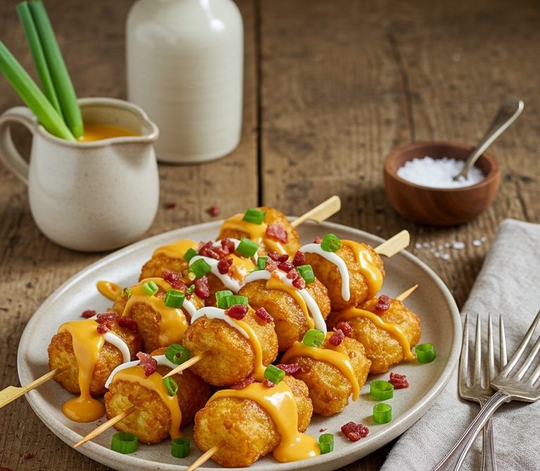 Loaded Tater Tot Skewers with Cheese and Bacon