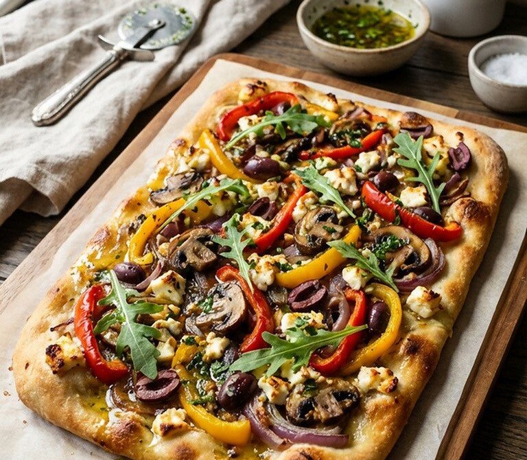 Loaded Veggie Flatbread with Roasted Peppers and Feta