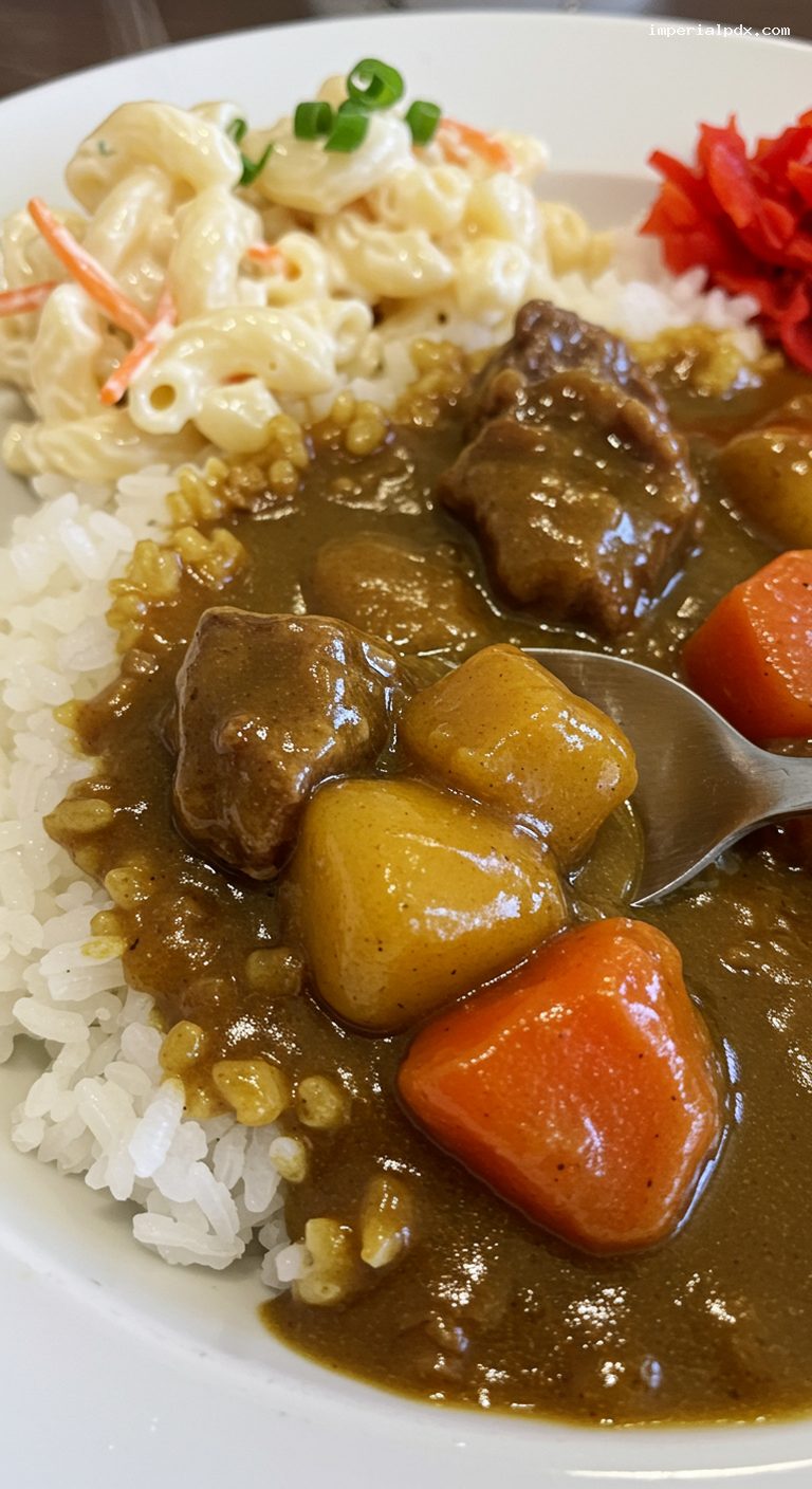 Local-Style Hawaiian Beef Curry Plate with Rice – Closeup