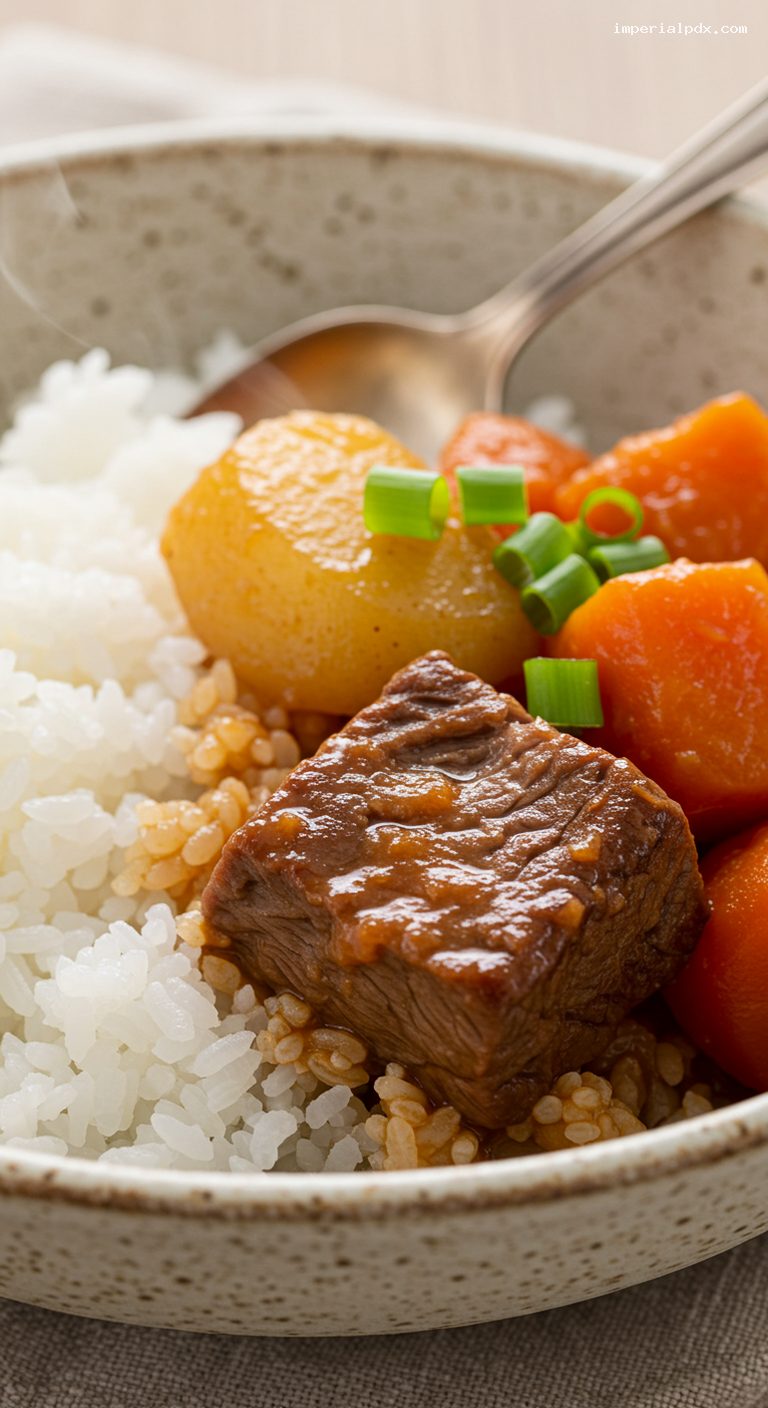 Local-Style Hawaiian Beef Stew Over Rice – Closeup